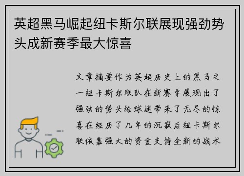 英超黑马崛起纽卡斯尔联展现强劲势头成新赛季最大惊喜